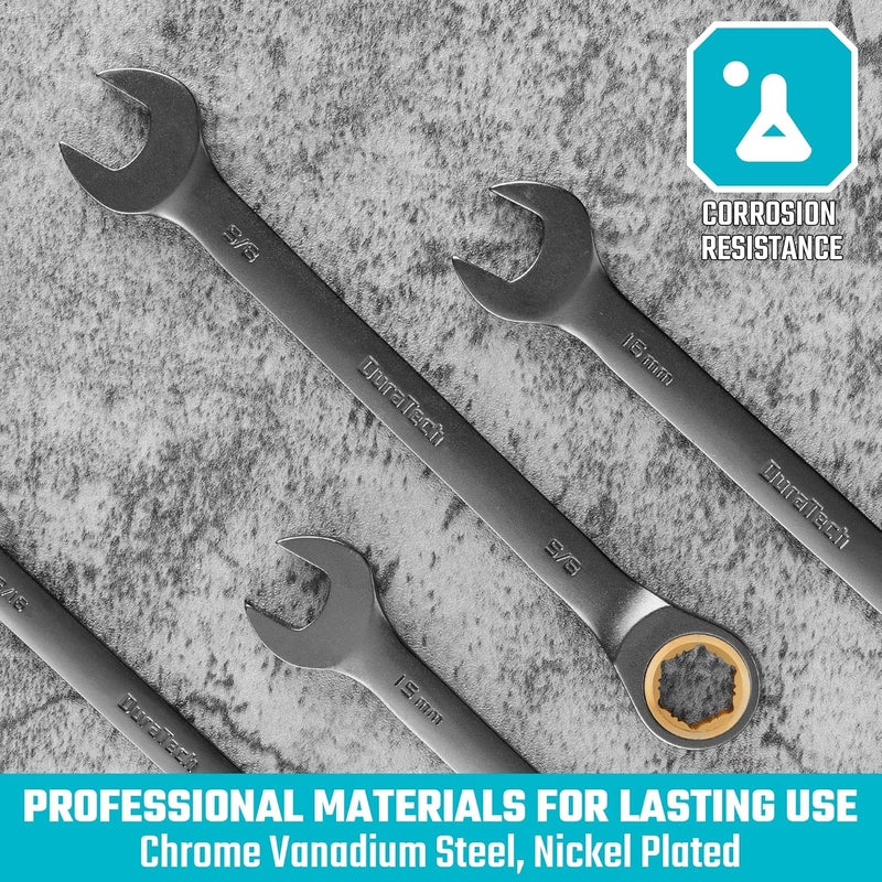 DURATECH Anti-Slip Ratcheting Wrench Set, Combination Wrench Set, 22-piece, Metric & SAE, 1/4" to 3/4" & 6-18mm, 72-Tooth, CR-V Steel, Nickel Plating, with Pouch - Image 5